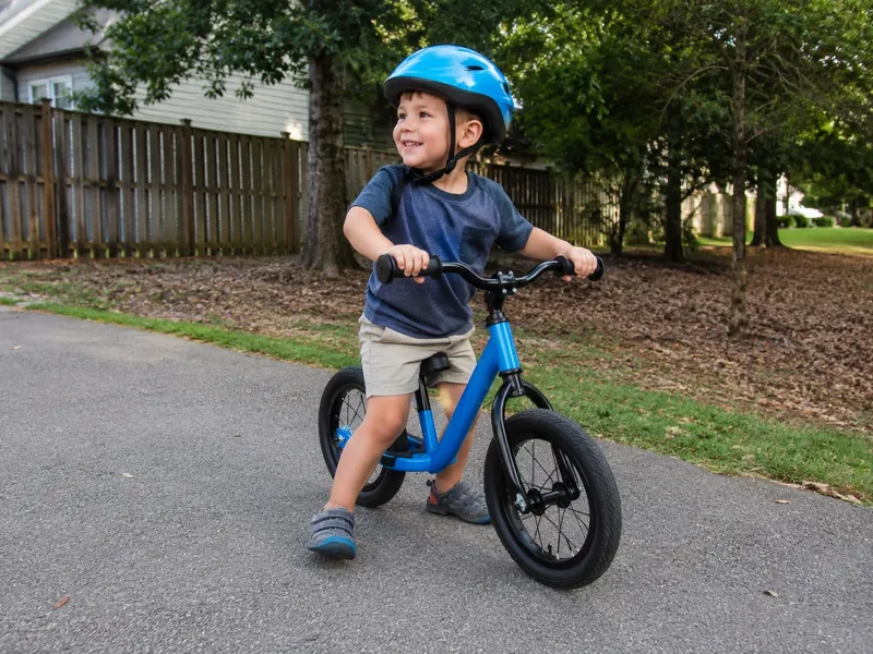 Child wearing a blue helmet riding a blue kids balance bike on a residential street